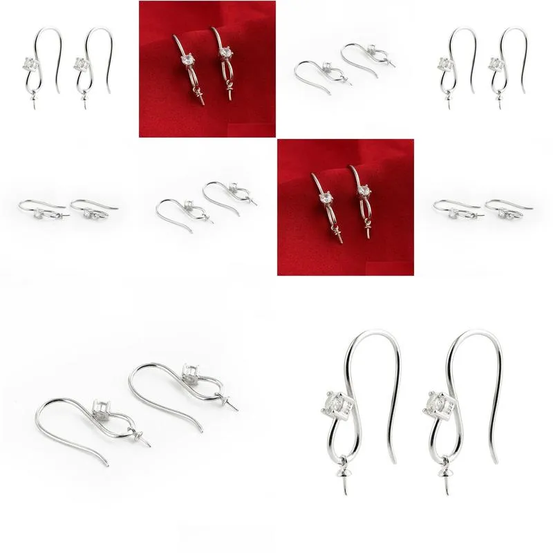 Earring Settings 925 Sterling Silver Zircon Fishhook with Bead Cap for Half Drilled Pearls 5 Pairs