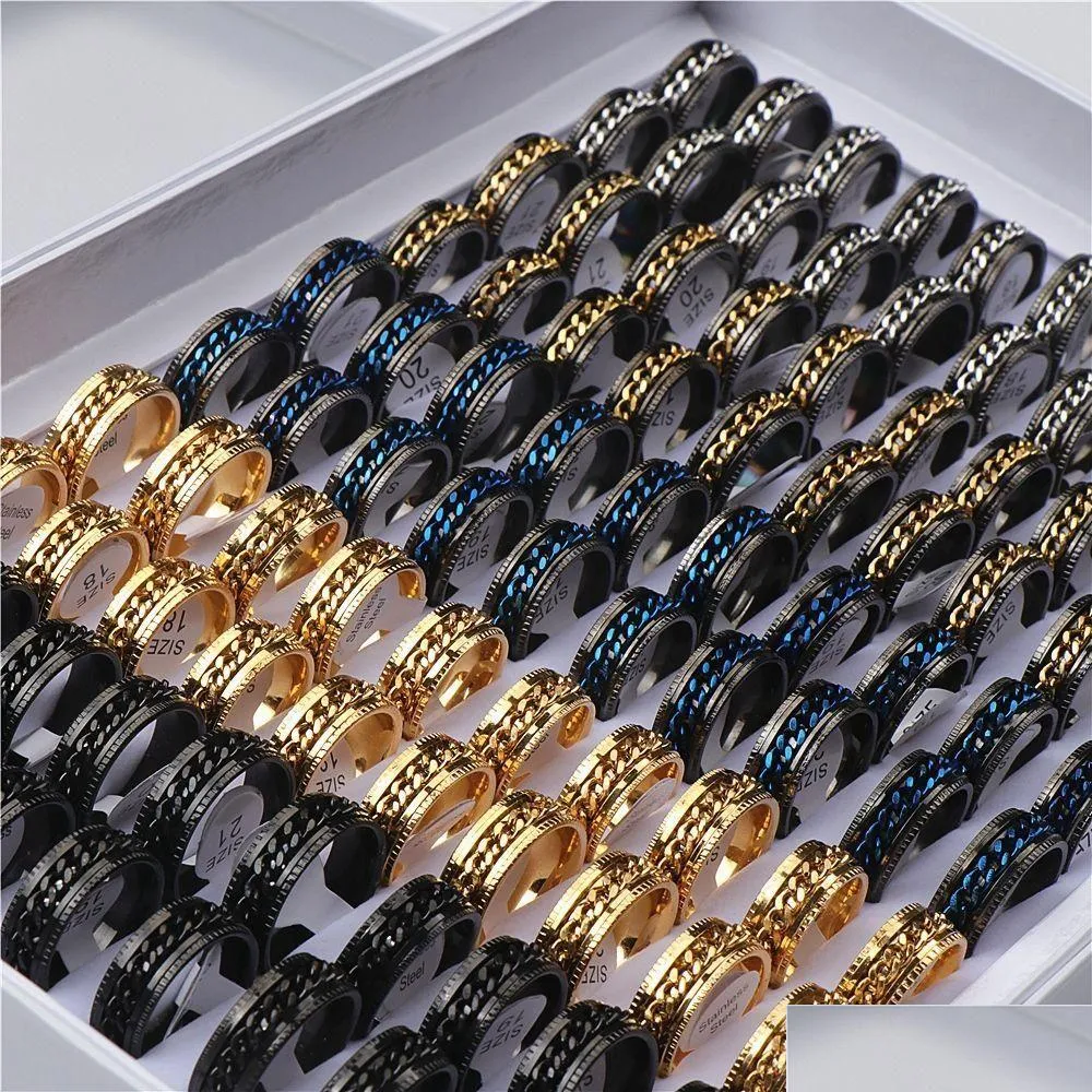 Band Rings 20Pcs/Lot Cool Men Spinner Chain Stainless Steel Rotatable Jewelry Party Gifts Mix Color Wholesale Drop Delivery Ring Dhk3K