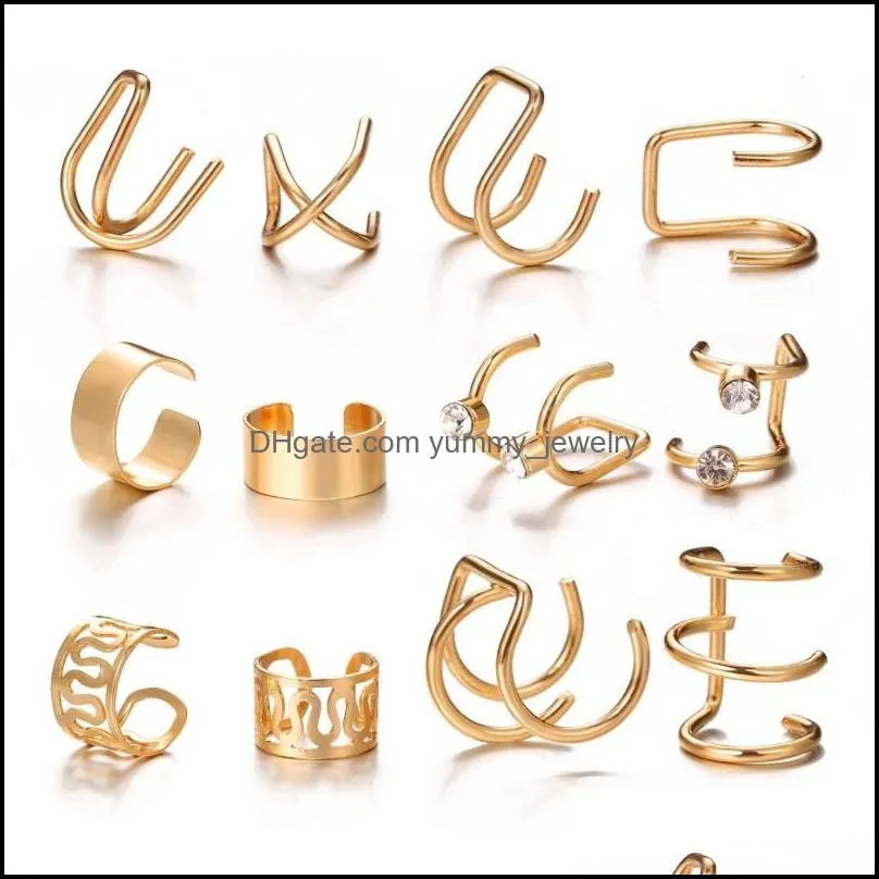 Clip-On & Screw Back Backs Earrings 12Pc/Set Fashion Gold Ear Cuffs Leaf Clip For Women Climbers Cuff Wrap No Piercing Fake Cartilage Dhgtj