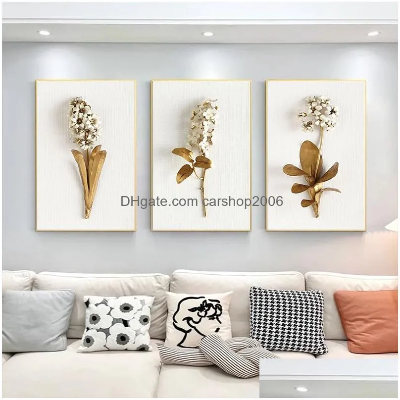 light luxury golden flower painting wall art for home decor set golden leaf rectangular hanging wall art set