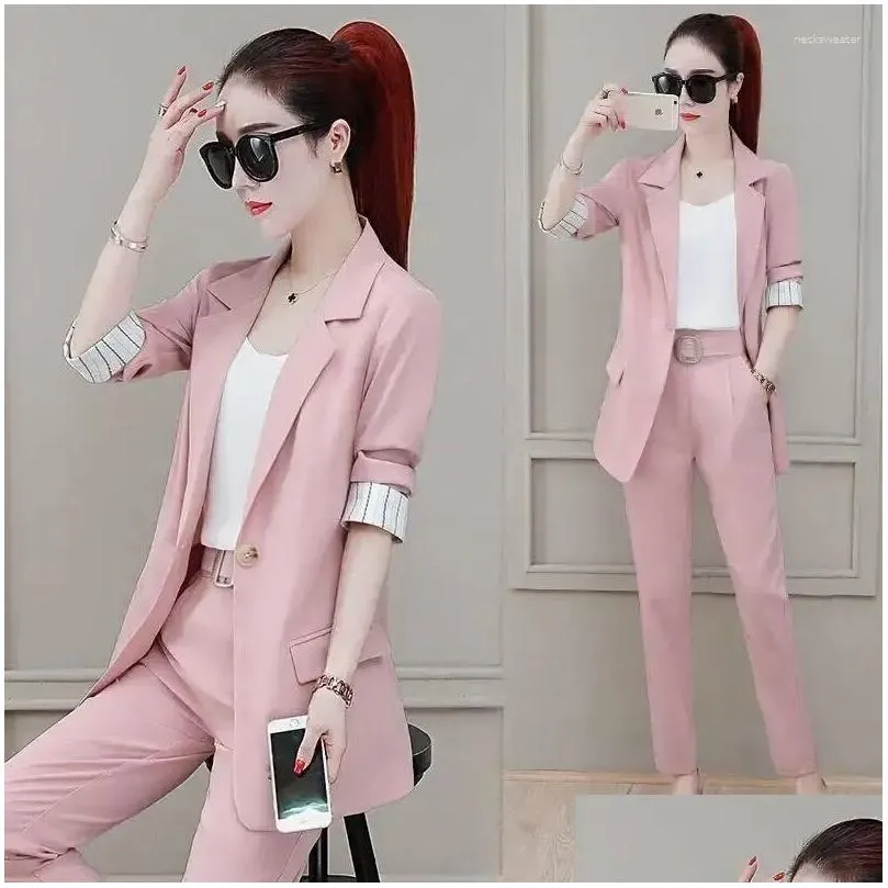 Womens Two Piece Pants Set For Women Professional Trouser Suit Blazer And 2 Pant Sets Top Outfit Wear To Work Office Pink Drop Deliv Dhwnu