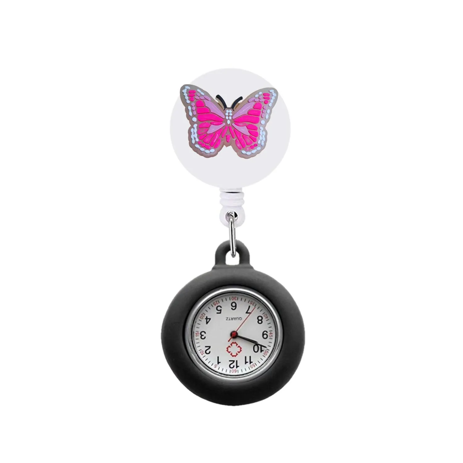 fluorescent butterfly 6 clip pocket watches nurse watch glow pointer in the dark retractable digital fob clock gift arabic numeral dial silicone brooch medical