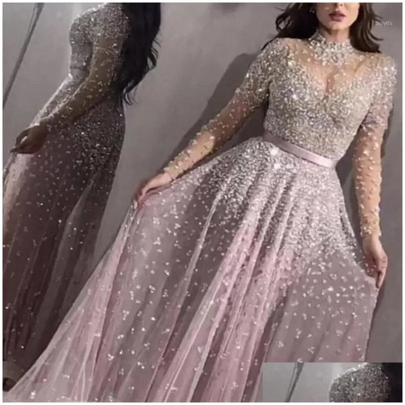 Casual Dresses Women Elegant Formal Evening Party Mesh Long Sleeve High Waist Sequins Shiny Wedding Dress 2021 Top Quality Vestidos1