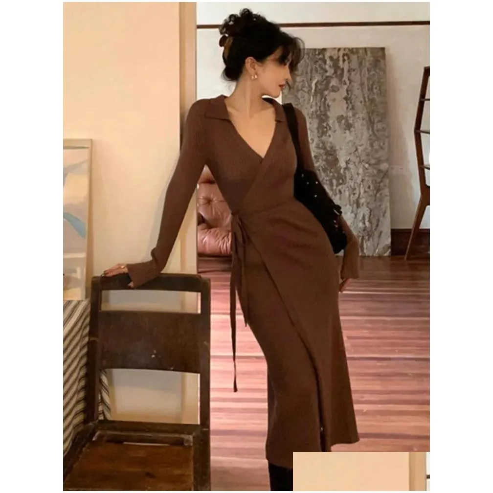casual dresses vintage long sleeve knitted dress women autumn sexy v-neck lace-up one pieces clothes 2023 elegant slim party lady midi