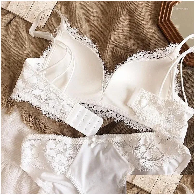 bras sets gathering triangle cup bra set without steel ring girls women underwear lace brassiere on thin under thick small chest