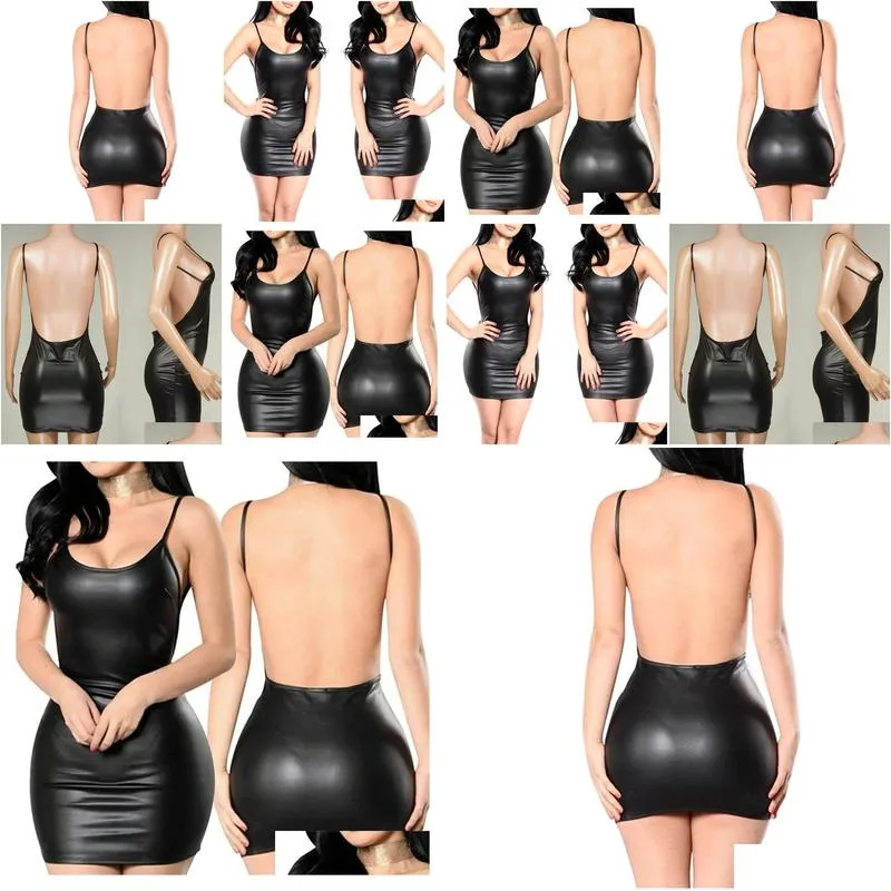 Dresses Faux Leather Dress Backless Club Party Short Dresses Solid Black Wet Look Latex Bodycon Push Up Bra Mini Micro