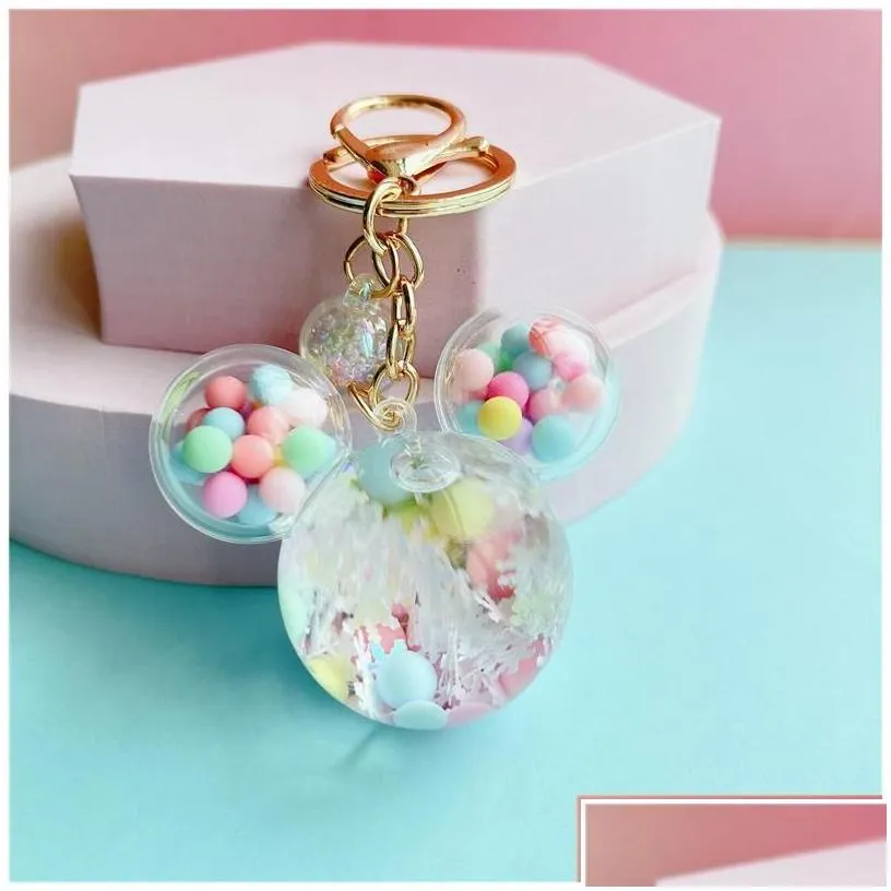 Key Rings Snowflake Mouse Head Keychain Rings Cute Micky Quicksand Pendant Keyring Holder Fashion Women Creative Bag Charms Gifts Ca