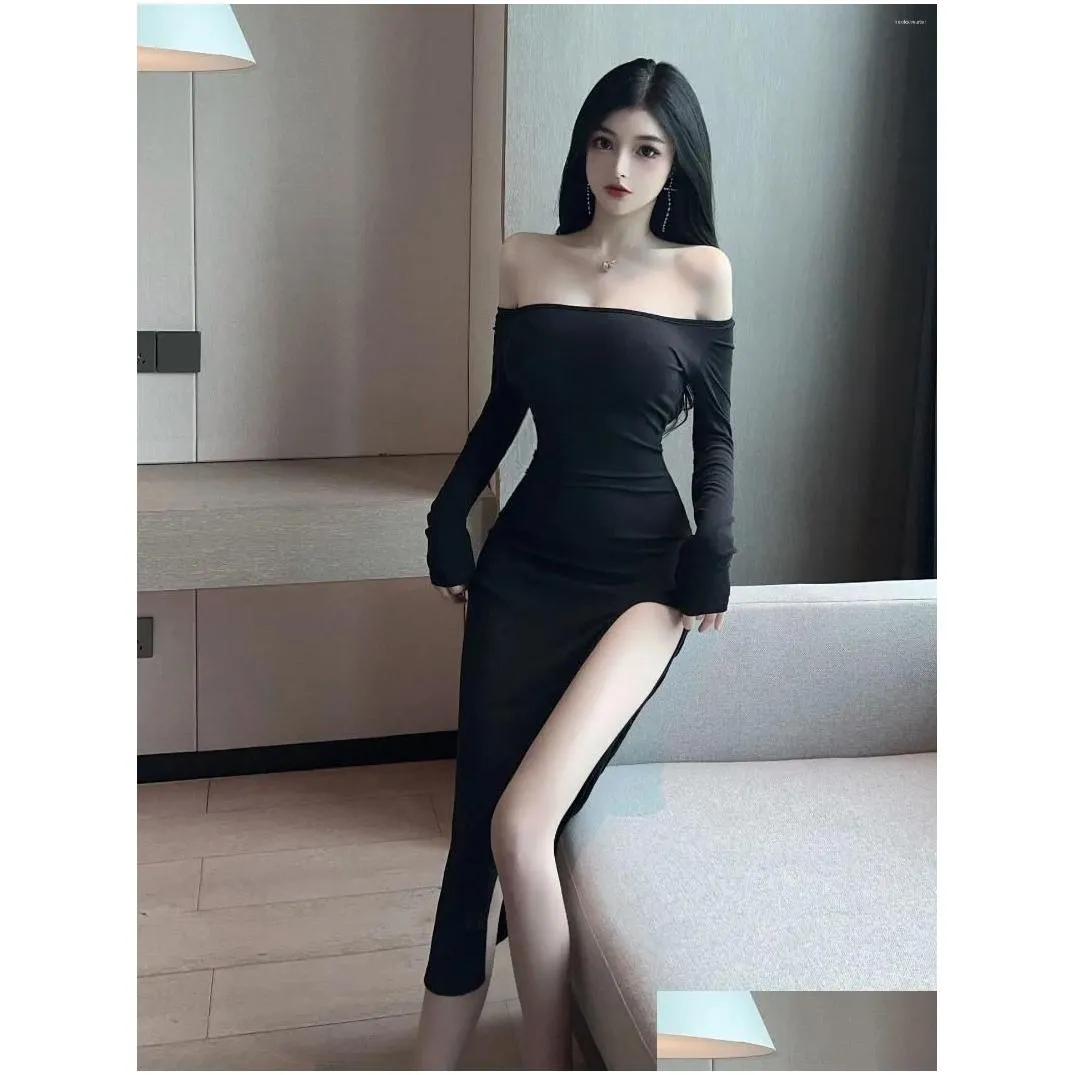 Basic Casual Dresses 2023 Spring Womens Light Mature Style Sexy Spicy Girl U Neck Slim Long Sleeve High Waist Side Split Wrap Butto Dhl3F