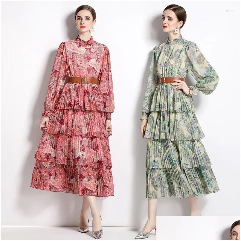 Casual Dresses Womens Spring High End Style Standing Neck Lantern Long Sleeve Pleated Belt Slim Fit Retro Print Holiday Cake Dress