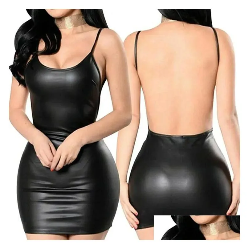 Dresses Faux Leather Dress Backless Club Party Short Dresses Solid Black Wet Look Latex Bodycon Push Up Bra Mini Micro