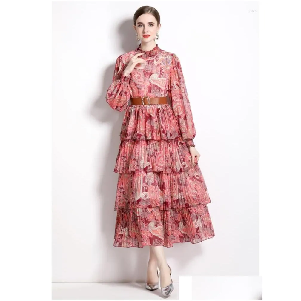 Casual Dresses Womens Spring High End Style Standing Neck Lantern Long Sleeve Pleated Belt Slim Fit Retro Print Holiday Cake Dress
