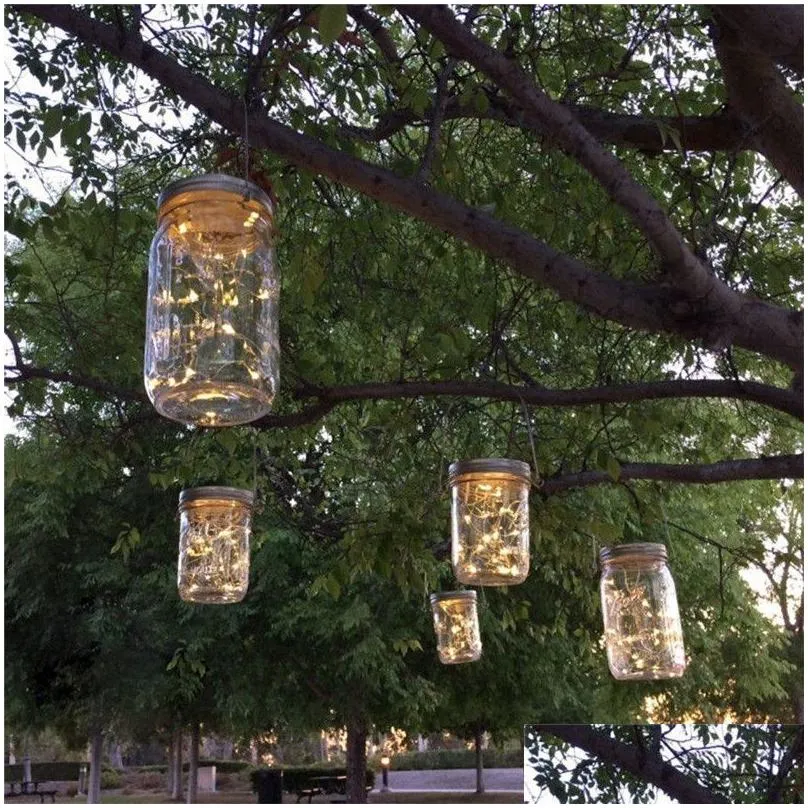 Led Strings Solar Power Mason Jar Lid String Lights 10 20 Leds Waterproof Fairy Firefly Light For Outdoor Patio Garden Xmas Wedding Dr Dhssd