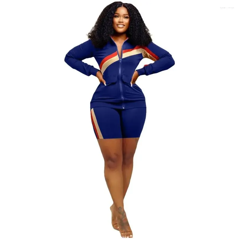Womens Tracksuits Summer Fashion Sports Style Women Casual Zipper Top Elastic Shorts Two Piece Set Drop Delivery Apparel Clothing Dhfxv