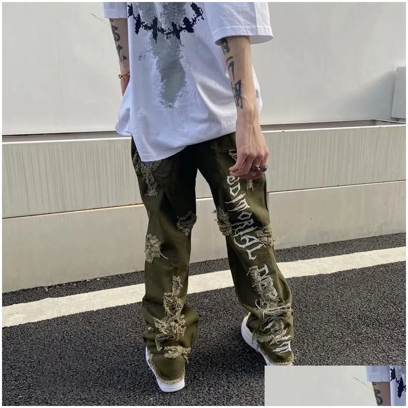 Mens Jeans Ripped Jean Hip Hop Man Pants Trends Clothes Letter Y2K Print Streetwear Womens Flare Goth Harajuku Baggy Trendyol Drop D Dhvnm
