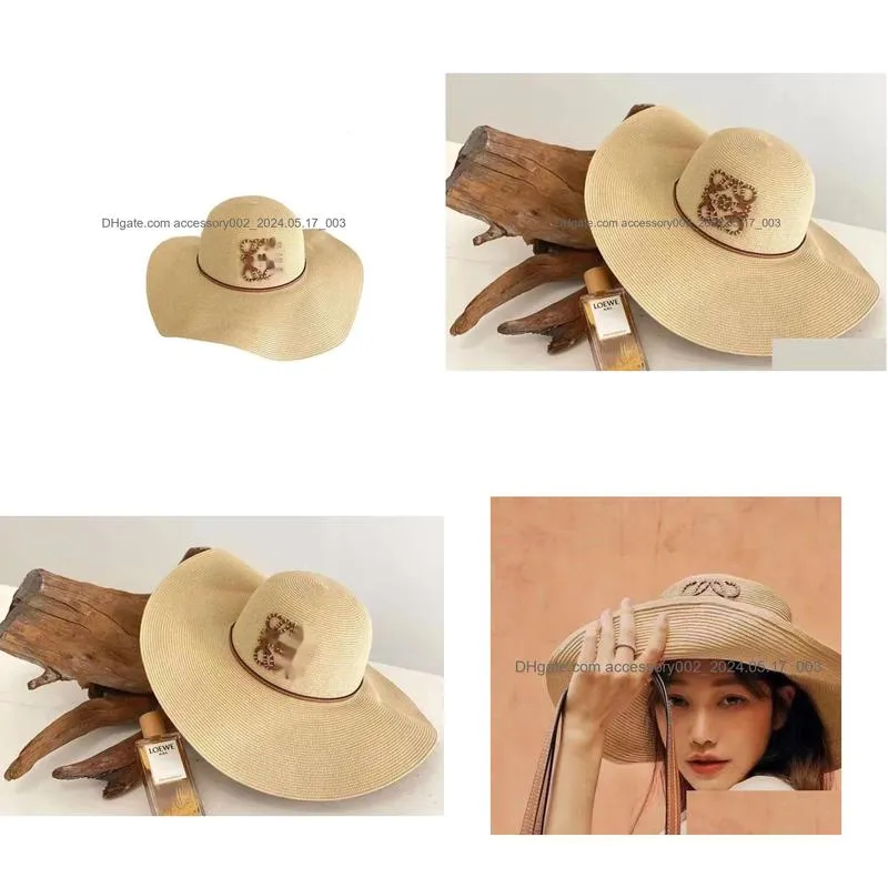 Wide Brim Hats Bucket Hats 2024 Summer New Jacquard Embroidered Fisherman Hat Pieced Leather Woven Beach Sunshade Straw Hat
