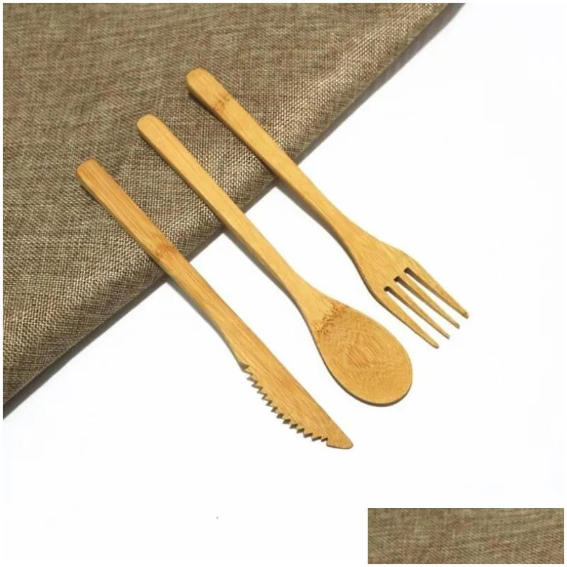 3 Pcs/Set Reusable Bamboo Flatware Portable Cutlery Set Knives Fork Spoon Travel Camp Dinnerware Set Cooking Kitchen Tools LX2605