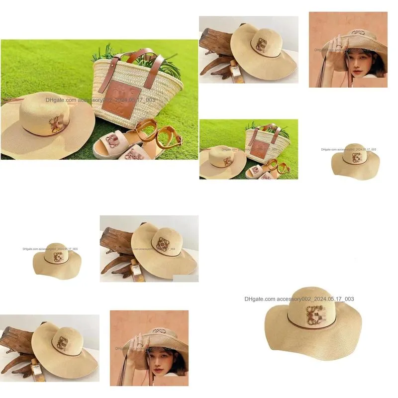 Wide Brim Hats Bucket Hats 2024 Summer New Jacquard Embroidered Fisherman Hat Pieced Leather Woven Beach Sunshade Straw Hat