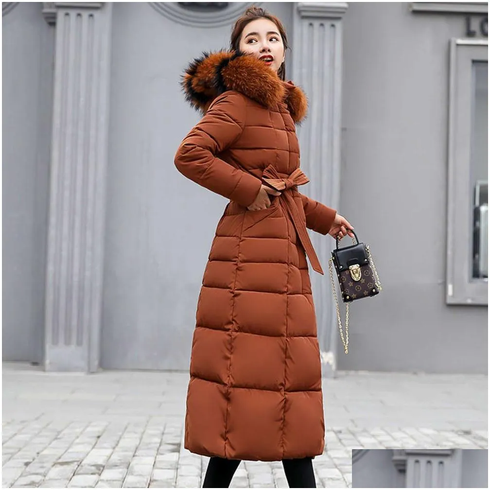 Women`s Down Parkas Cotton Solid Full Pockets Zippers Female Long Coat Slim Parka Padded Jacket Winter Thick Warm Windbreaker