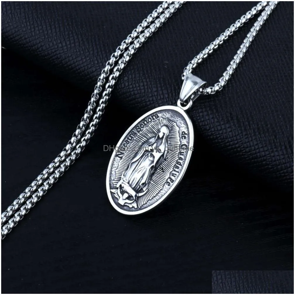 wolf tide jewelry virgin mary oval 3d pendant necklace antique silver color with steel chain christian religious jewelry accessories wholesale collar