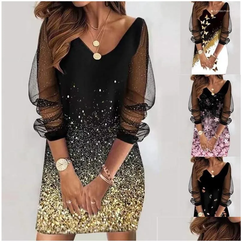 Basic Casual Dresses Spring Gold Dress Womens Sequin See-Through Mesh Plus Size Clothing For Women Party Drop Delivery Apparel Dhy1I