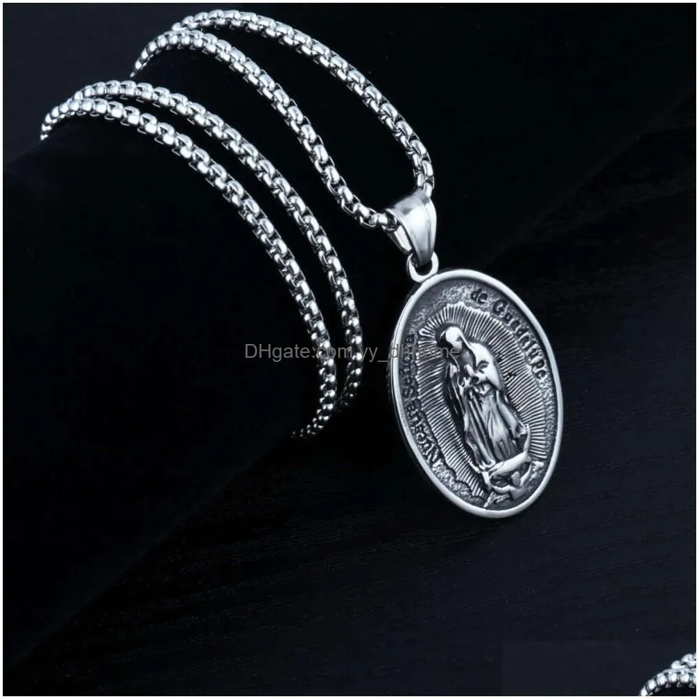 wolf tide jewelry virgin mary oval 3d pendant necklace antique silver color with steel chain christian religious jewelry accessories wholesale collar