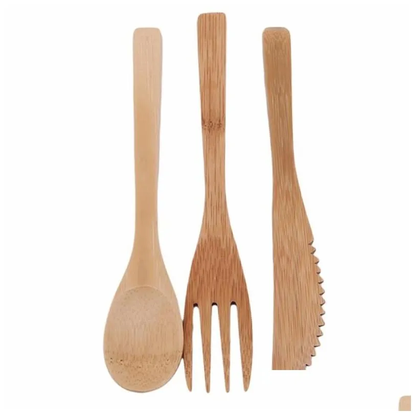 3 Pcs/Set Reusable Bamboo Flatware Portable Cutlery Set Knives Fork Spoon Travel Camp Dinnerware Set Cooking Kitchen Tools LX2605
