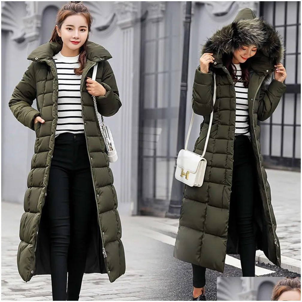 Women`s Down Parkas Cotton Solid Full Pockets Zippers Female Long Coat Slim Parka Padded Jacket Winter Thick Warm Windbreaker