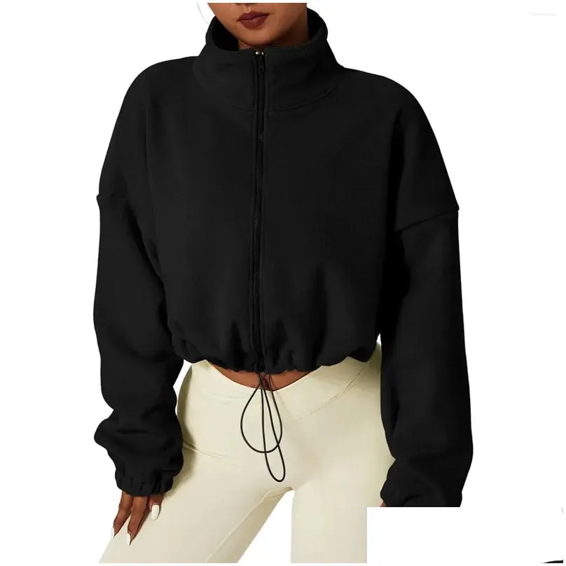 womens jackets harajuku fleece sweatshirt jacket women y2k zip up oversized crop top coats streetwear winter long sleeve stand collar