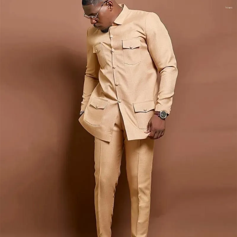 Men`s Tracksuits Wedding Dress Single-breasted Suit Two-piece Shirt Solid Color Iong Sleeve Social African National Style Clothing