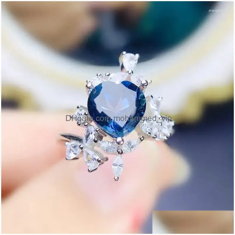 Cluster Rings Natural Real Blue Topaz Ring Love Heart Luxury Style Per Jewelry 8 8Mm 2.5Ct Gemstone 925 Sterling Sier Fine J23946 Dr Dhg4V