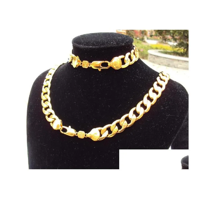 weighty Heavy ! 24k Stamp Real Yellow Solid Gold 23.6 Men`s Necklace Bracelet Set 12MM Curb Chain 600mm Jewelry mint-mark lettering 100%