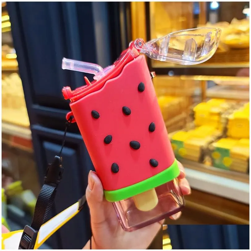 New Summer Cute Donut Ice Cream Water Bottle With Straw Creative Square Watermelon Cup Portable Leakproof Tritan Bottle BPA Free