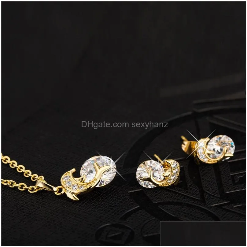 Earrings & Necklace Gold Plated Jewelry Set Fashion  Pendant Charms Cubic Zircon Zirconia Diamond Stud Earring For Drop Delive Dhkjo