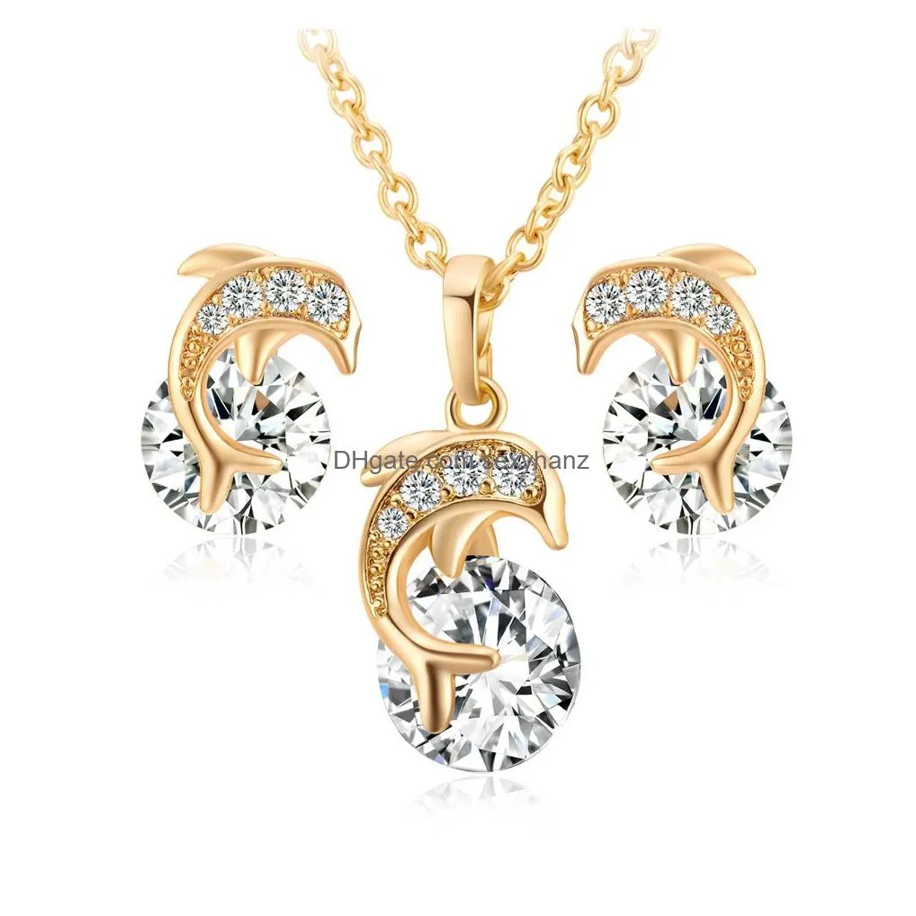 Earrings & Necklace Gold Plated Jewelry Set Fashion  Pendant Charms Cubic Zircon Zirconia Diamond Stud Earring For Drop Delive Dhkjo
