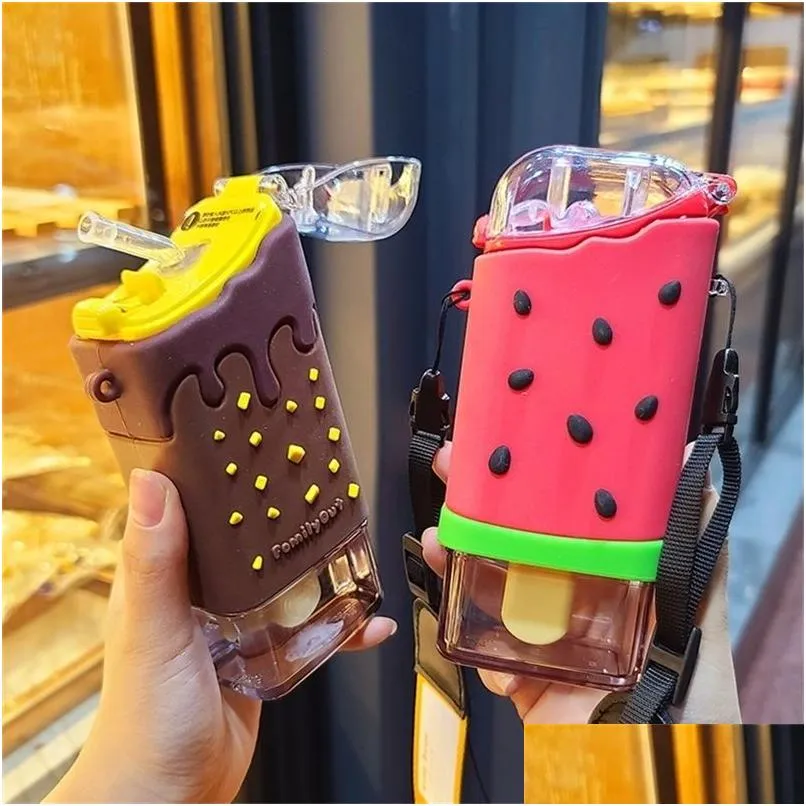 New Summer Cute Donut Ice Cream Water Bottle With Straw Creative Square Watermelon Cup Portable Leakproof Tritan Bottle BPA Free