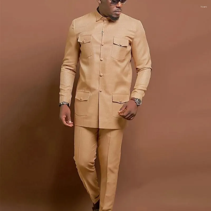 Men`s Tracksuits Wedding Dress Single-breasted Suit Two-piece Shirt Solid Color Iong Sleeve Social African National Style Clothing