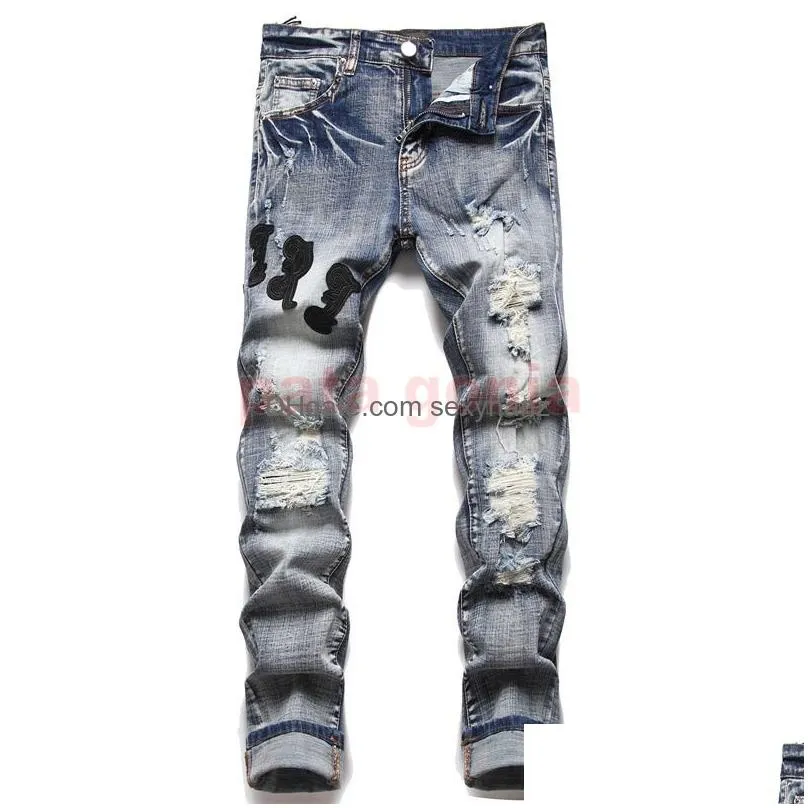 Mens Jeans Designer Fashion European America Style Jean Hombre Letter Star Embroidery Pants Patchwork Ripped For Motorcycle Pant Dro Dhxlf