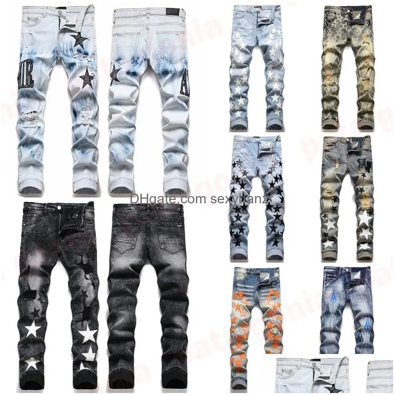 Mens Jeans Designer Fashion European America Style Jean Hombre Letter Star Embroidery Pants Patchwork Ripped For Motorcycle Pant Dro Dhxlf