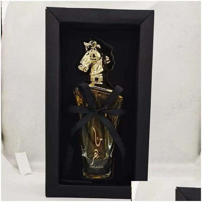 Hot sale Arab men perfume glass bottle spray MAAHIR horse head exquisite gift box perfume 100ml fast delivery