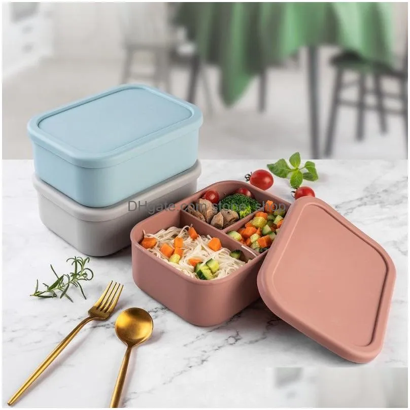 silicone lunch box bento box travel outdoors portable food storage container kids lunch boxes microwave oven rectangular three-cell container dinnerware