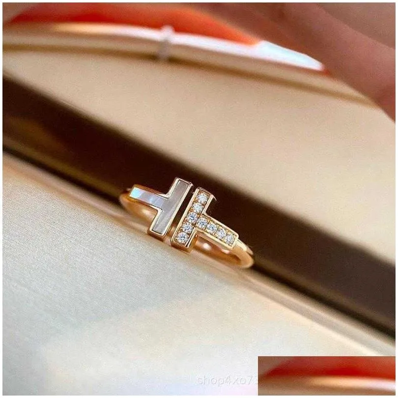 Wedding Rings Original S925 Sterling Sier Ring Fashion Designer Double T Diamond Opening Matching Letter 18K Gold Plated Rose With Je Ot1Yp