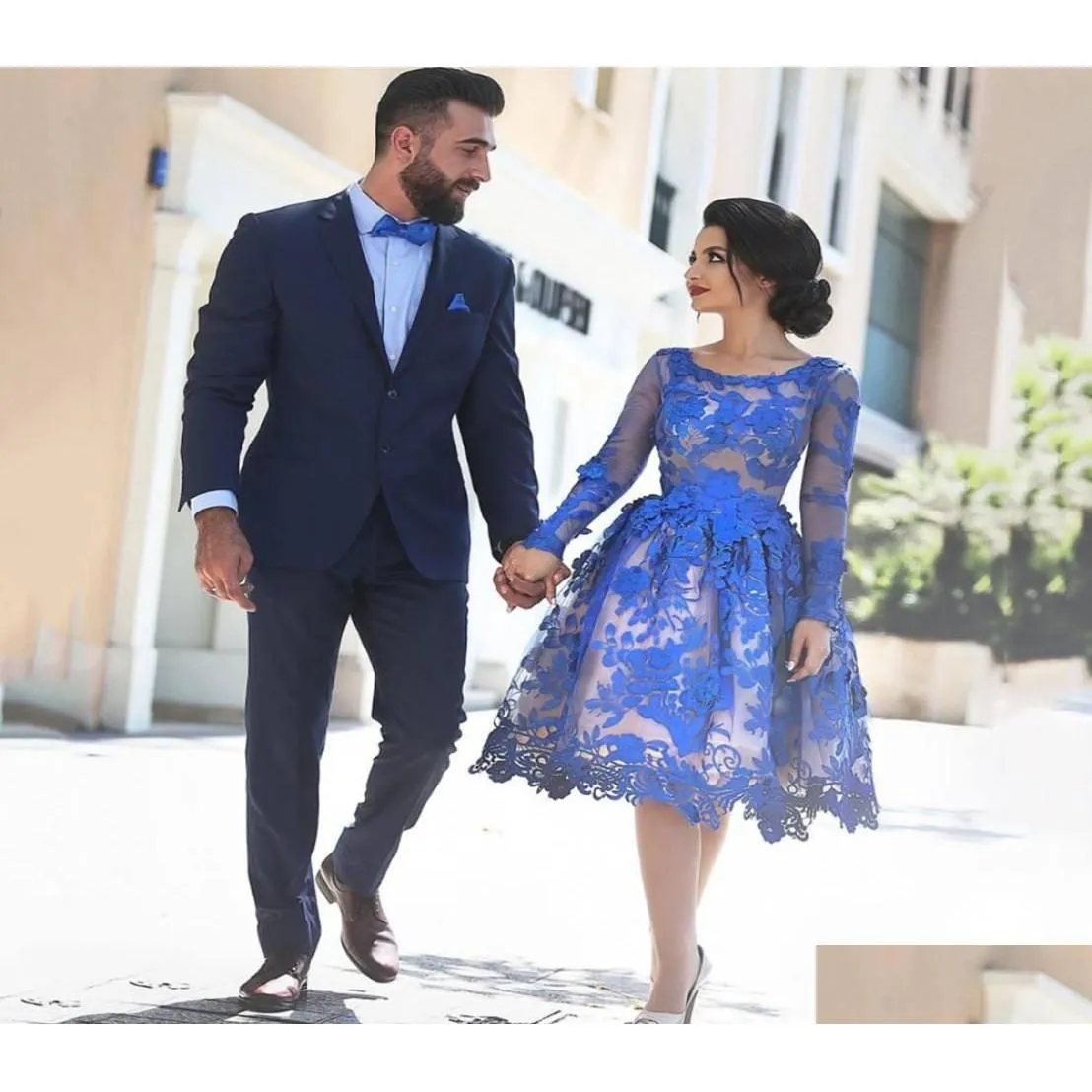 Cocktail Dresses Elegant Royal Blue Short Lace Appliques Long Sleeve Knee Length Women Fashion Party Gowns For Graduation7505182 Drop Otoyy