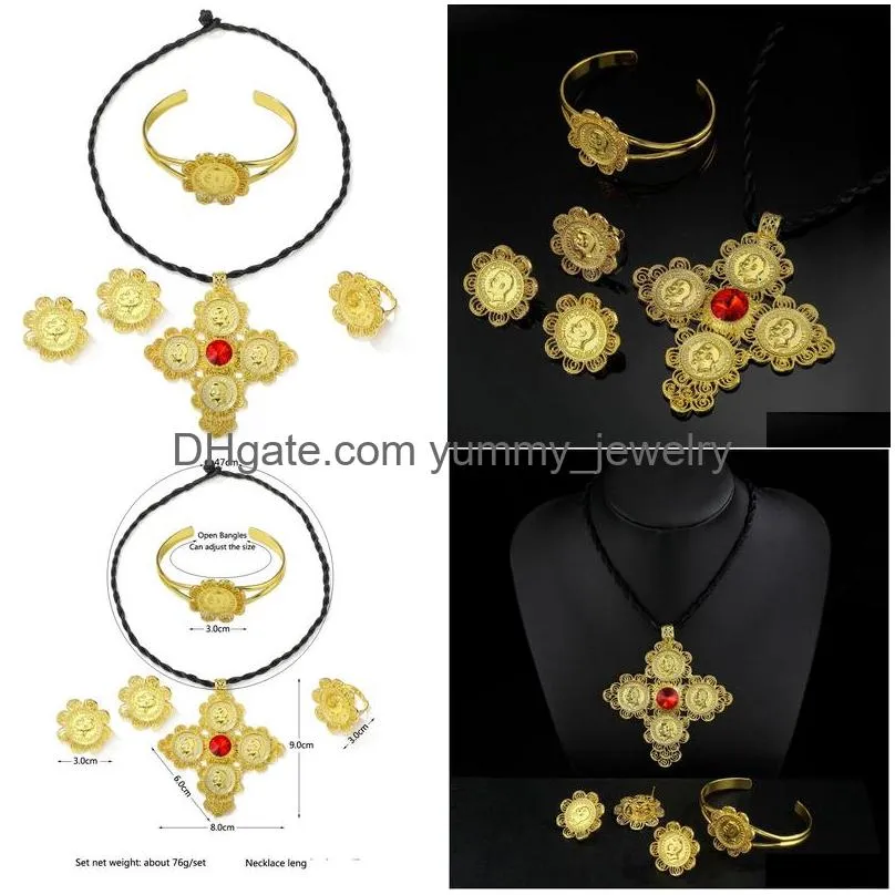 Earrings Necklace 14K Yellow Gold Over 1 10 Oz Lady Liberty Coin Set Rope Frame Earring Pendant Red Ruby Bracelet Ring Jewelry Sets Dhpjf