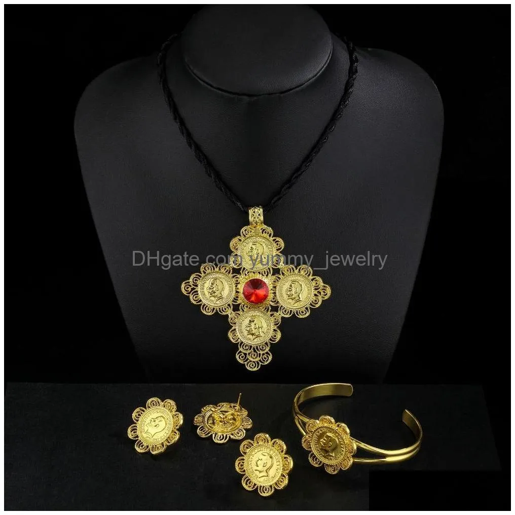 Earrings Necklace 14K Yellow Gold Over 1 10 Oz Lady Liberty Coin Set Rope Frame Earring Pendant Red Ruby Bracelet Ring Jewelry Sets Dhpjf