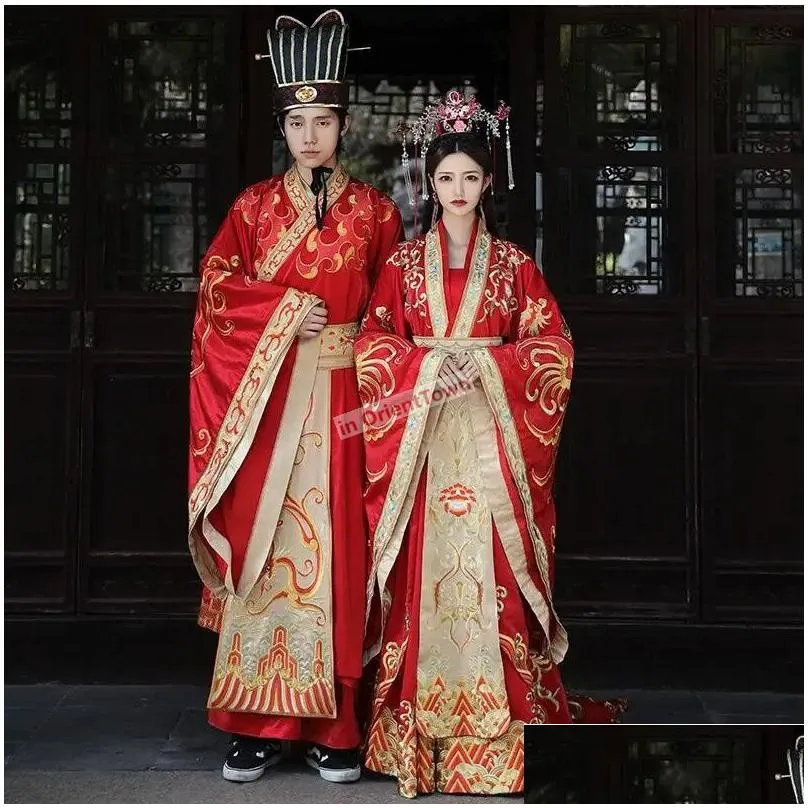 Ethnische Kleidung hochwertige chinesische alte Hanfu Braut Langer Schwanzpaar Kostum Brautigam Robe Standard Tang Ming Dynastie China OTRKG