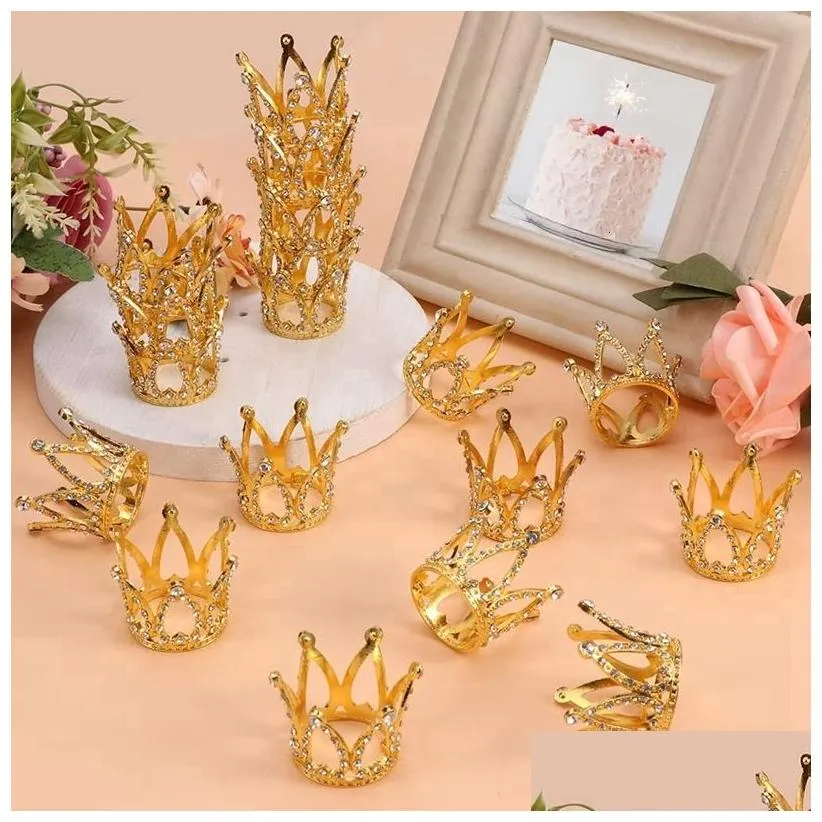 12 PCS 3D Mini Crown Cake Topper Tiny Rhinestone Cupcake Toppers Vintage Alloy Crowns Charms Cake Decoration Tiaras For Cake Party Jewelry Making DIY Crafting