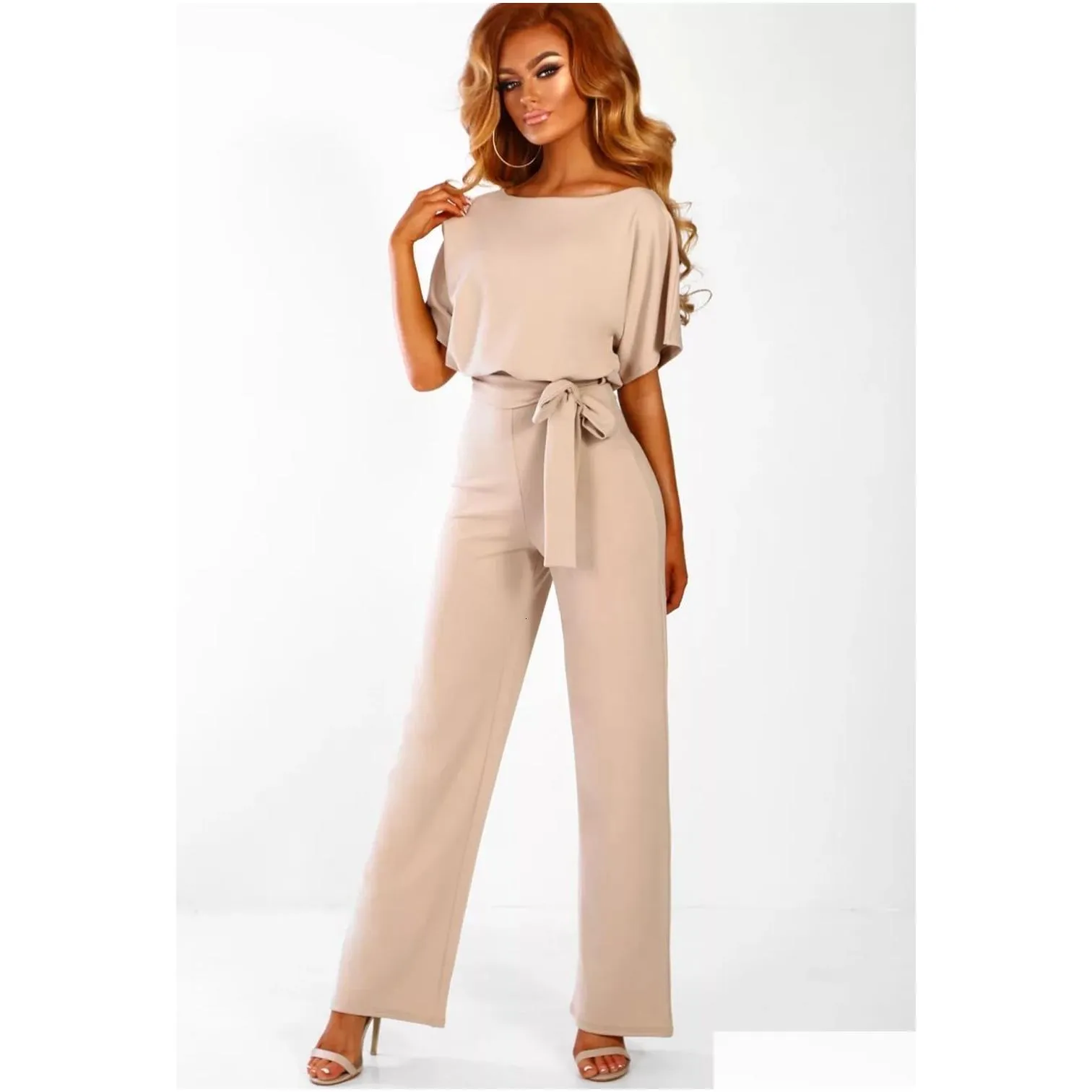 DHgate Elegant Short Sleeve Jumpsuit for Women with Waist Tie and Wide Leg Pants Apparel