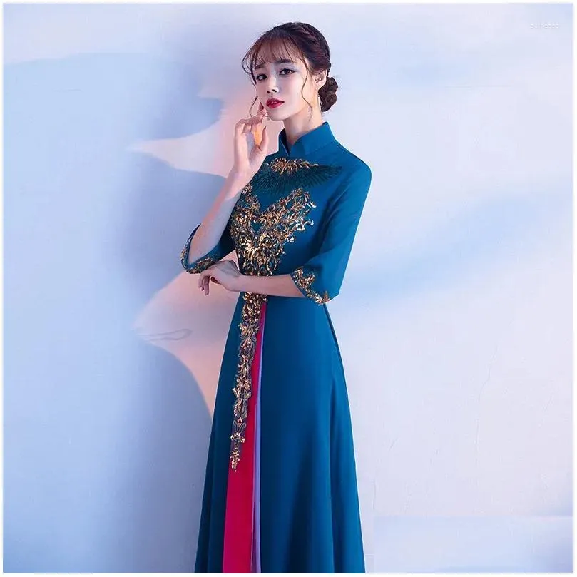 Ethnic Clothing Sexy Slim Long Cheongsam Simple Elegant Retro Wedding Dresses Choir Performance Dress Women Chinese Traditional Plus