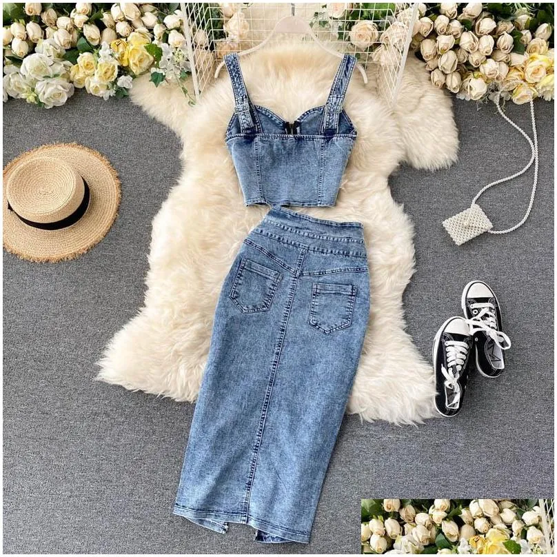 Two Piece Dress Amolapha Women Jeans VestSkirts Sets Straps Tops Buttons Denim Skirt Suits for Woman 230428