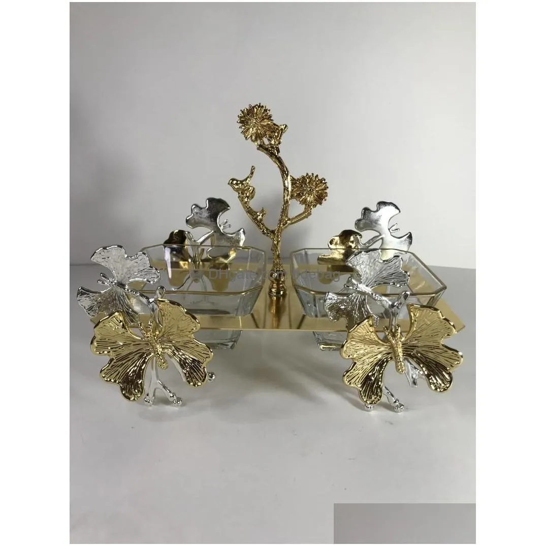 plates 2 compartment snack chocolate candy nuts service plate gold colour flower butterly design high quality metal glass material